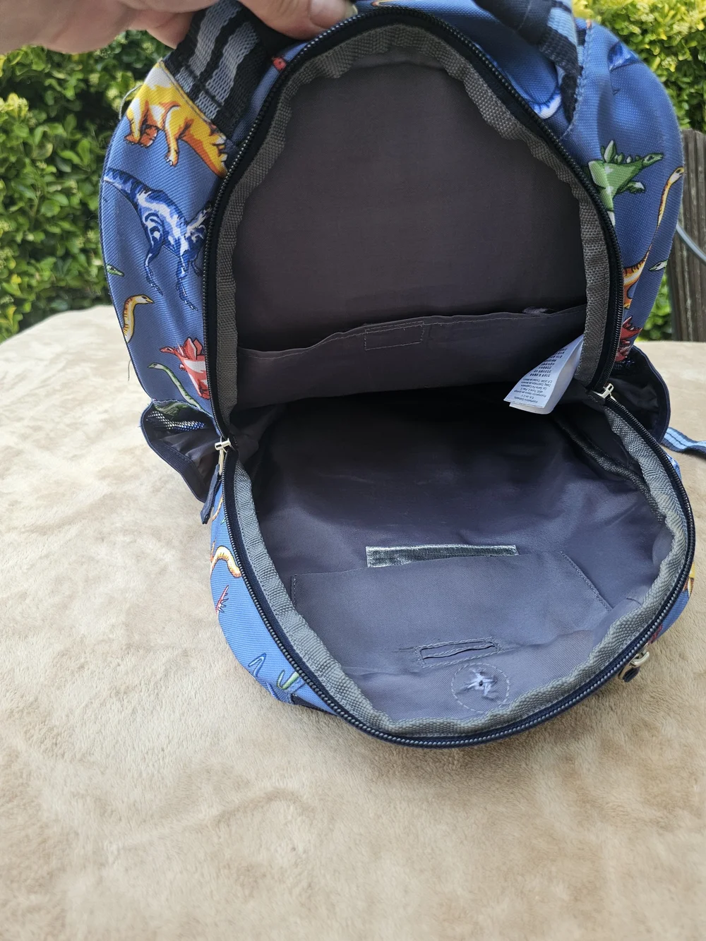 Pottery Barn Kids Blue Backpack with Multicolor Dinosaurs